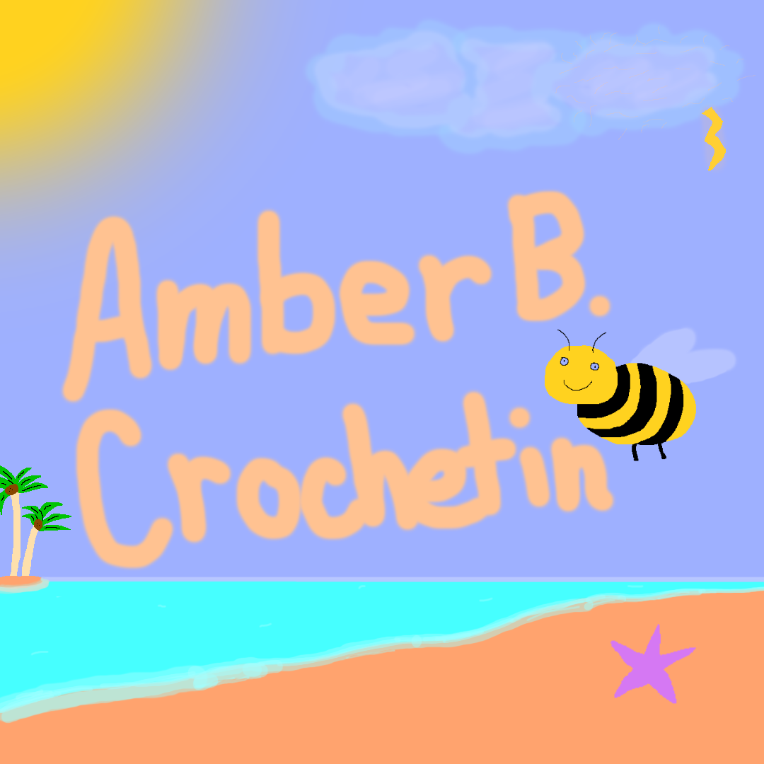 Amber B. Crochetin logo.  Beach scene with palm tree island, a bumblebee, the sun and some clouds with a hint of lightning.  Also a star fish!